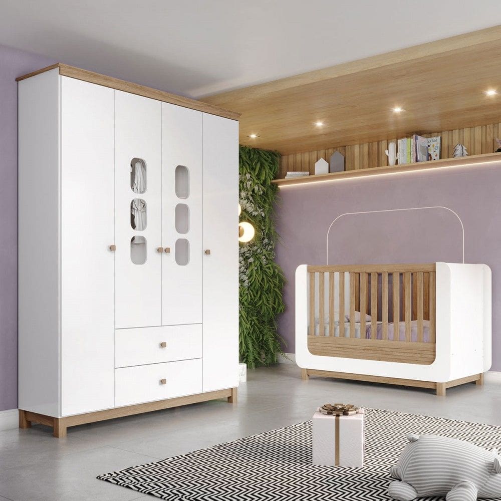 Quarto de Bebê Completo Aconchego 4 Portas 2 Gavetas com Vidro Branco/Jequitibá - Henn