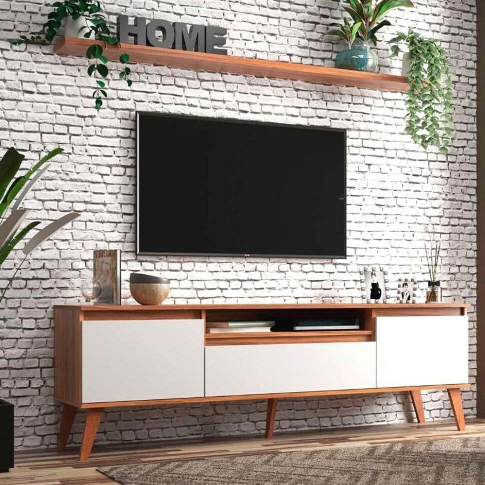 Rack Para Tv Com Prateleira 180cm Retro Mdf Freijo Com Branco Dallas - On Móveis