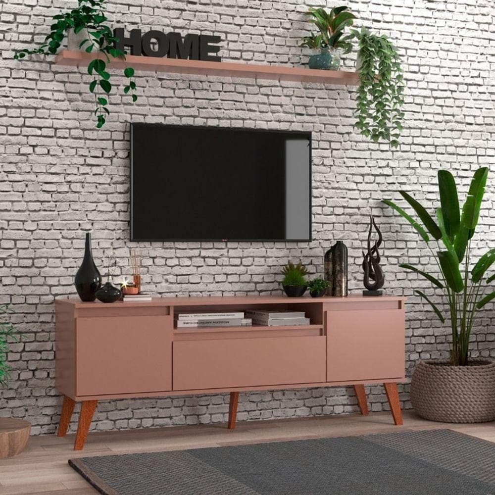 Rack Para Tv Com Prateleira 150cm Retro Mdf Rosa Dallas - On Móveis