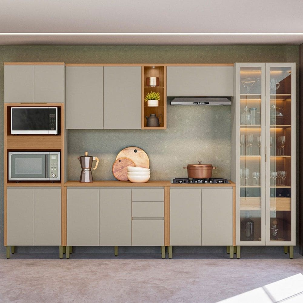 Cozinha Completa Allure 14 Portas 4 Gavetas 100% Mdf com Vidro 810016097 Jequitibá/Gris - Linea Brasil