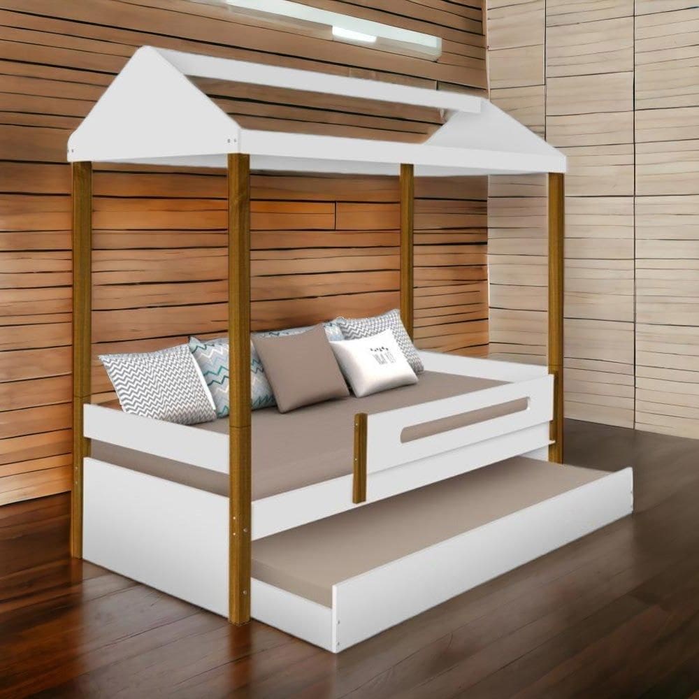 Cama Casa Solteiro Lara Branca com Aux, e 02 Colchões