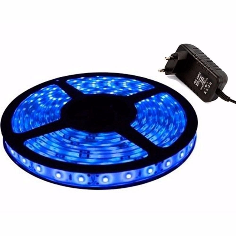 Fita De Led Azul Rolo De 5 Mts 300 Leds Com Dupla Face + Fonte 12v