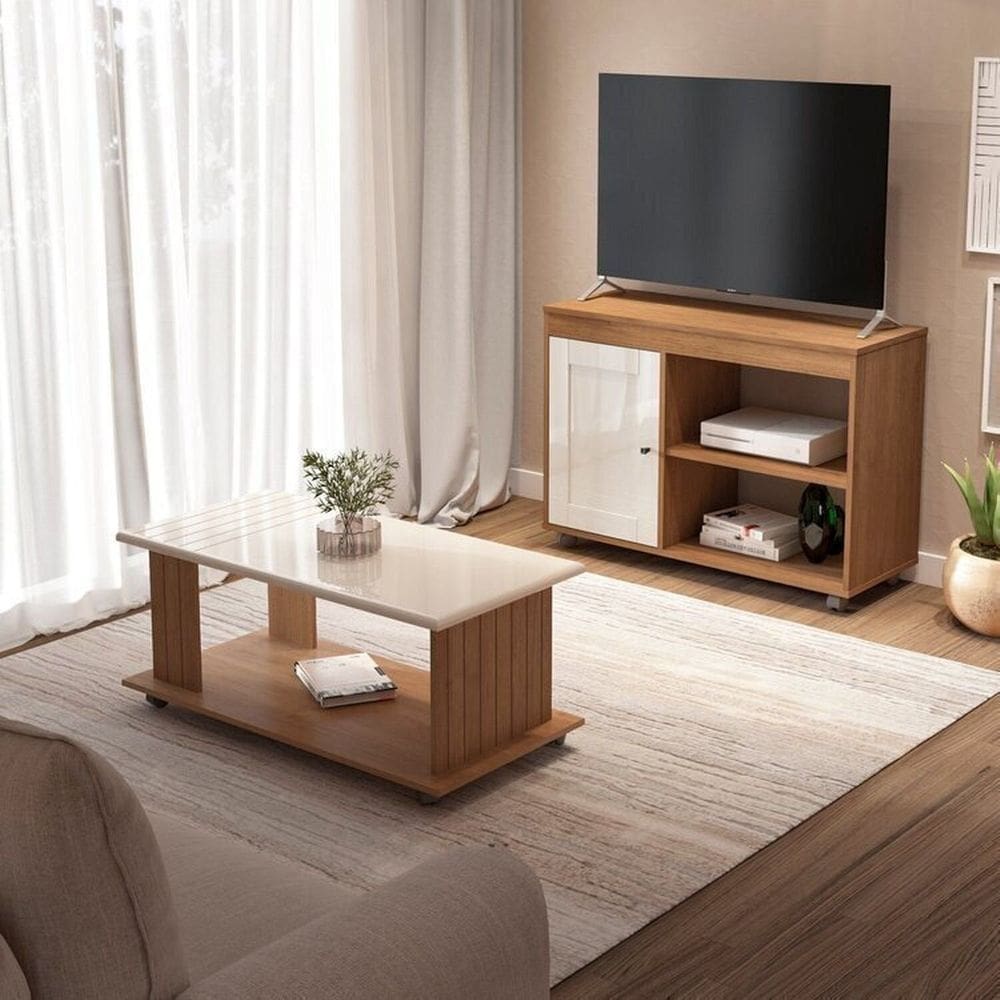 Sala de Estar Completa com Mesa de Centro e Rack Sampa Cinamomo/Off White