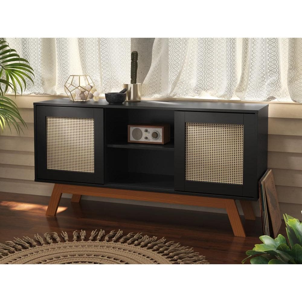 Rack Buffet Com Duas Porta De Correr Rattan Pés Em Madeira Preto - Ofertamo