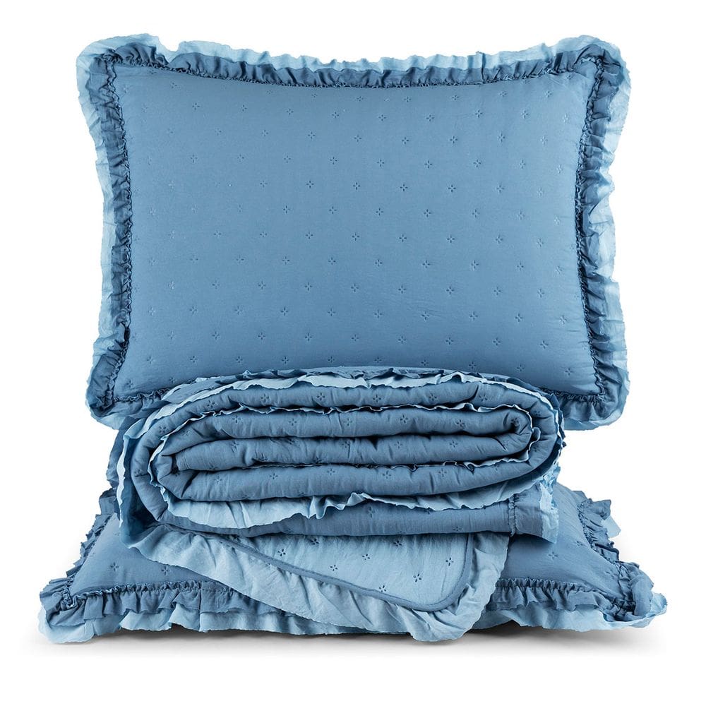 Kit Cobre Leito Colcha Vitta Casal Padrão Matelado c/ Babadinhos 200 Fios 3 Peças Azul