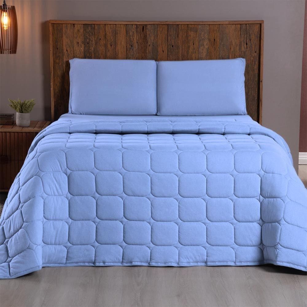 Kit Cobre Leito Colcha Minimal Casal 3 Peças Malha 100% Algodão - Azul Claro