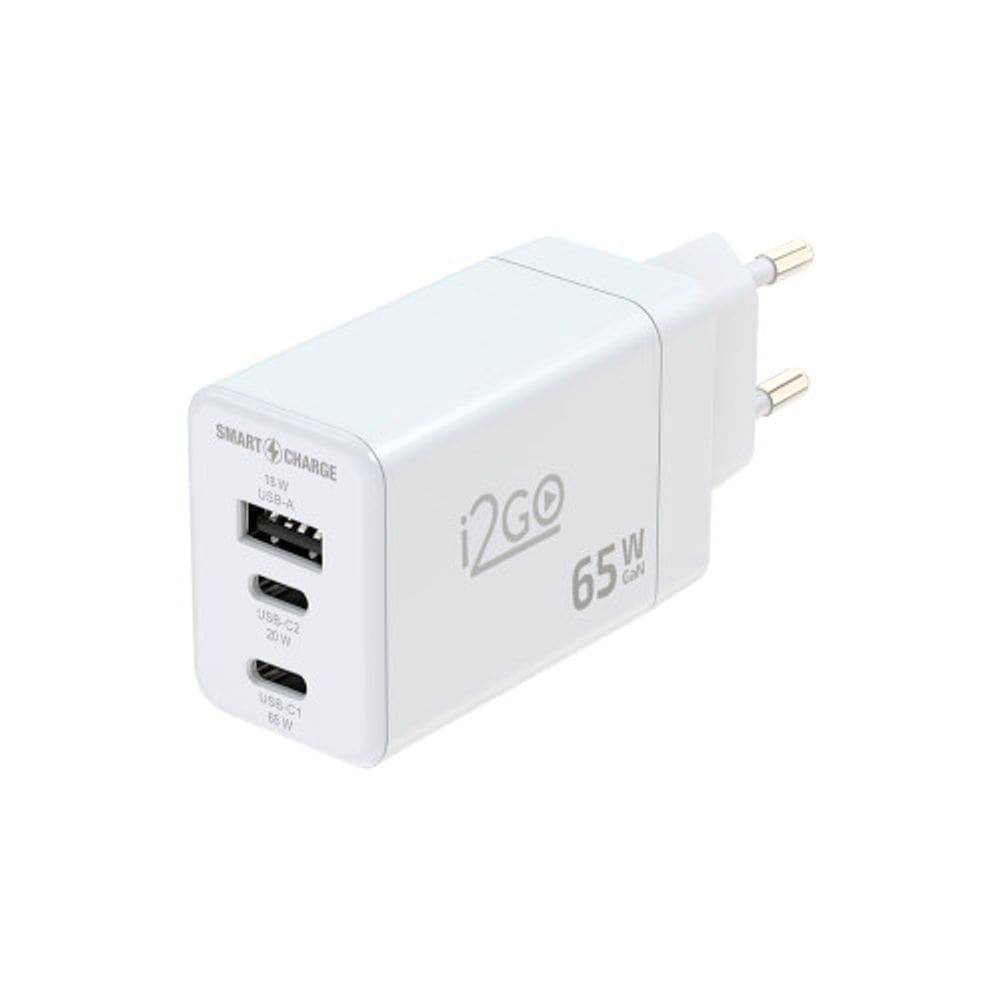 Carregador de Parede Ultra Rápido Power Delivery com 1 Saída USB-C 65W + 1 Saída USB-C 20W + 1 Saída USB-A 18W I2GO PRO