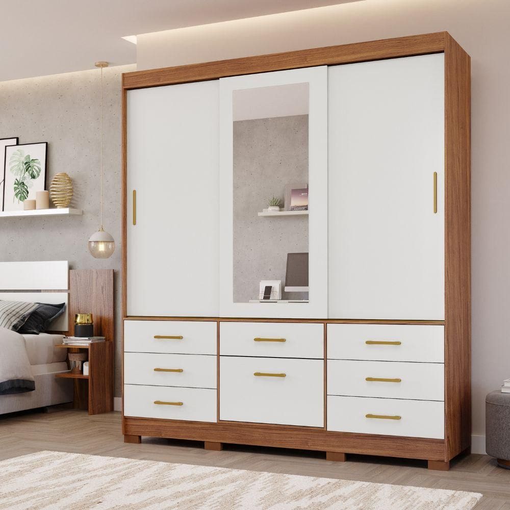 Guarda-Roupa Casal 3 Portas 8 Gavetas Com Espelho Cinamomo/Off Luiza Panan