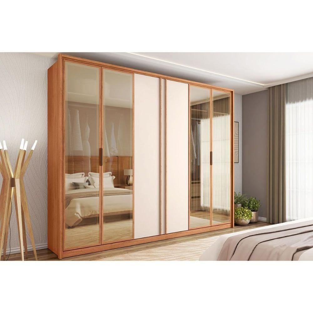 Guarda Roupa 6 Portas E 4 Gavetas C/ Vidro Reflecta Cristal Freijo/off White - Caemmun