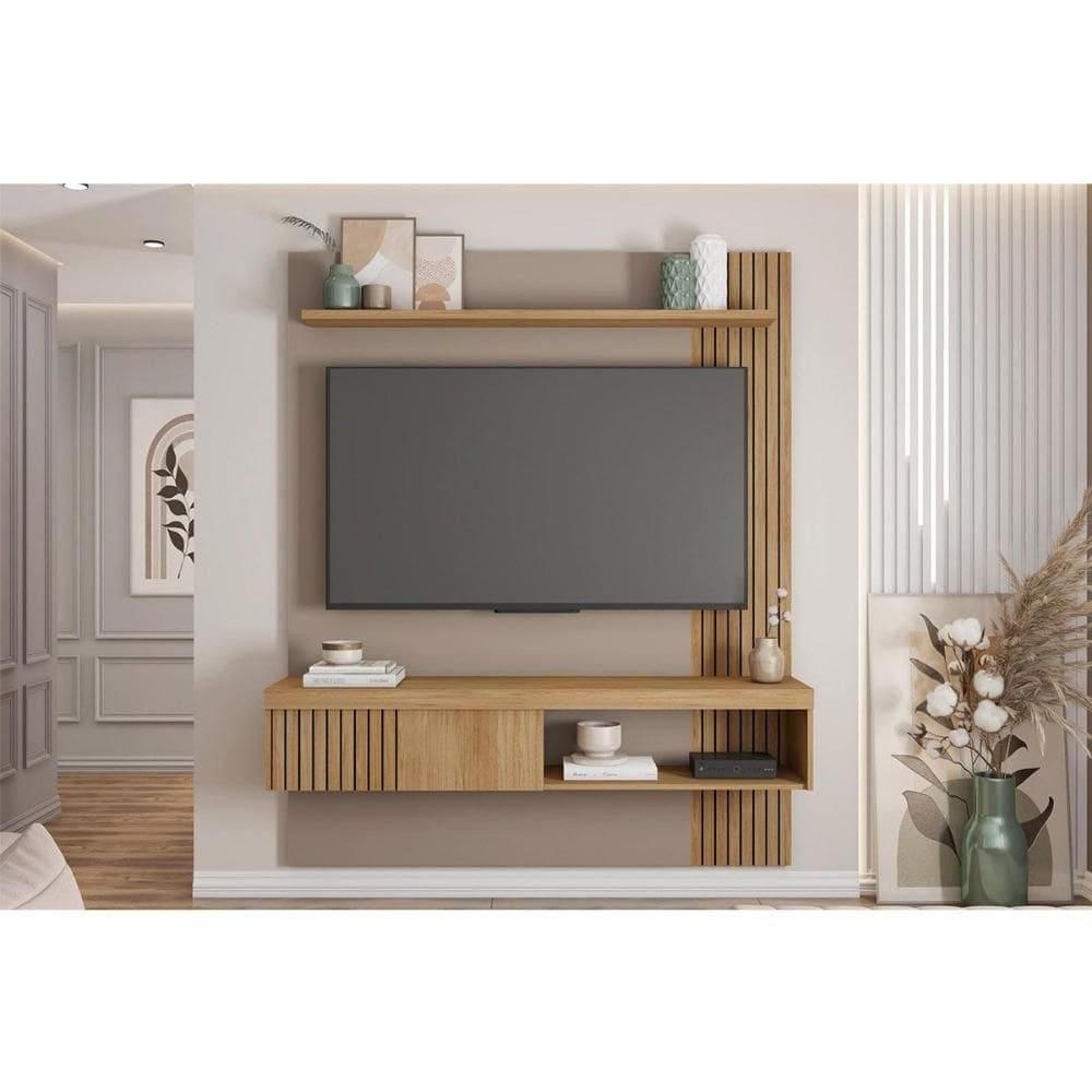 Rack Bancada C/ Painel P/ Tv Até 65 Pol Jade Ripada 150x183cm Buriti/fendi - Caemmun
