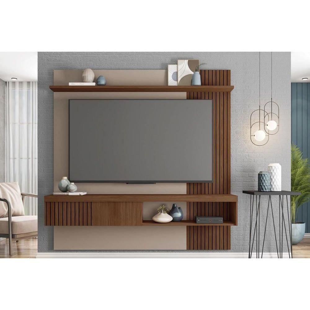 Rack Bancada C/ Painel P/ Tv Até 65 Pol Jade Ripada 180x183cm Fendi/havana - Caemmun