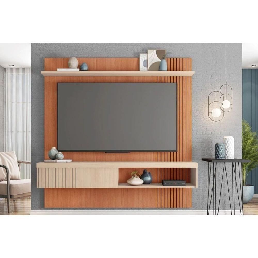 Rack Bancada C/ Painel P/ Tv Até 65 Pol Jade Ripada 180x183cm Freijo/off White - Caemmun
