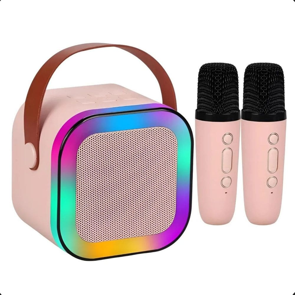 Caixa de Som Karaokê Bluetooth com 2 Microfones Sem Fio LED
