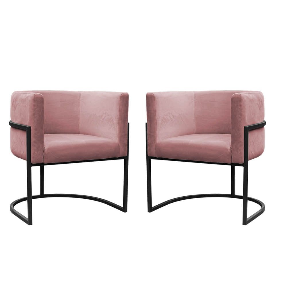 Kit 2 Poltronas Reforçadas Decorativa Sala Carla Base Ferro Preta Suede Rose