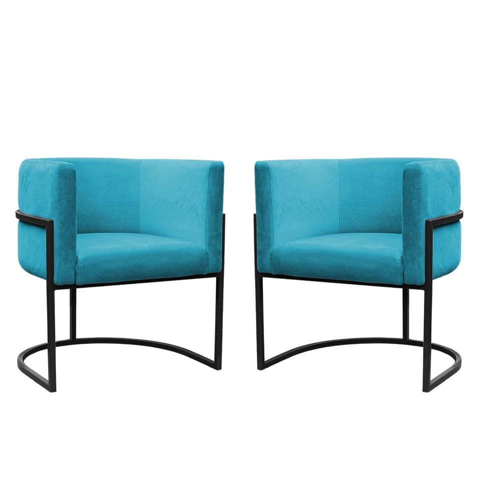 Kit 2 Poltronas Reforçadas Decorativa Sala Carla Base Ferro Preta Suede Azul Tifany