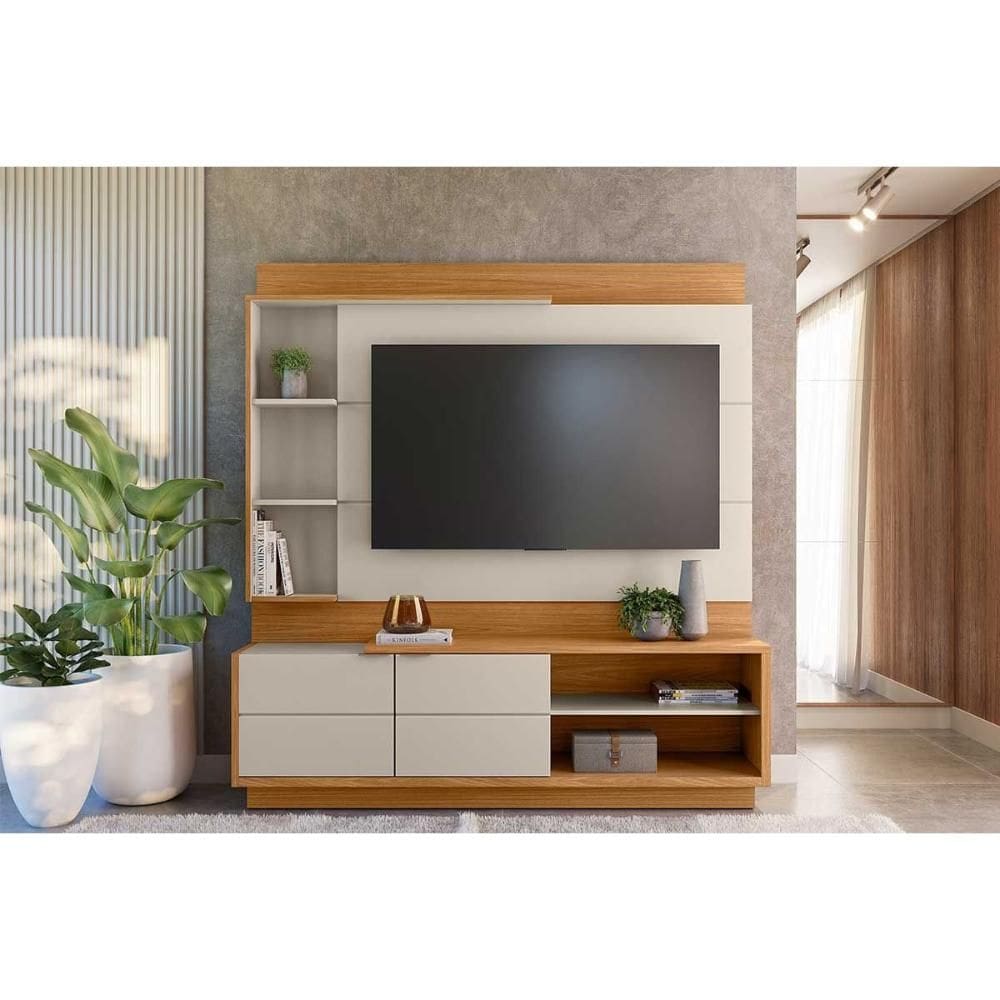 Rack Bancada c/ Painel p/ TV até 60 Pol Atlanta 2Potas 4Prateleiras e Pés 180x191cm Nature/Off White - Linea Brasil