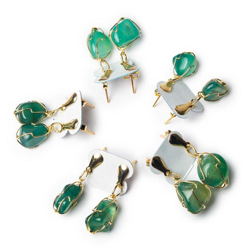 05 Brinco Cesta Amarrada Pedra Ágata Verde Dourado