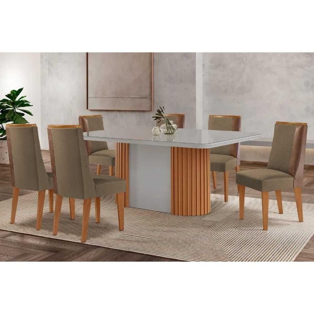 Mesa Cozinha Pilar c/ Tampo Madeirado c/ Vidro Canto Curvo 180x90cm e 6 Cadeiras Tilia Madeira Maciça Naturale/Off White - Capuccino/Suede Capuccino-R
