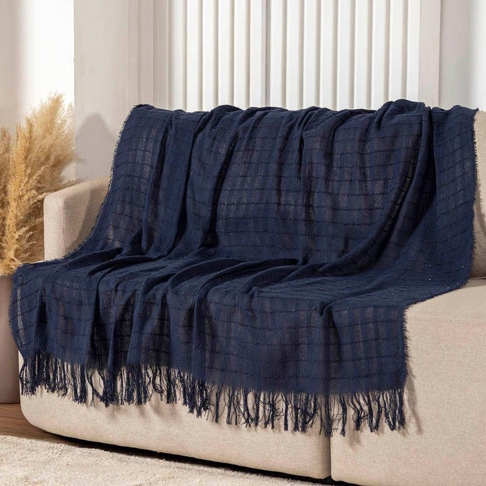 Manta Xale Rubi 2,40m X 1,70m Com Franja Para Sofá Cama 100% Algodão 01 Peça - Azul Marinho