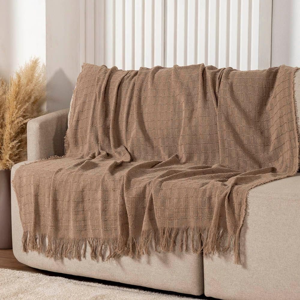 Manta Xale Rubi 1,70m X 1,40m Com Franja Para Sofá Cama 100% Algodão 01 Peça - Avelã