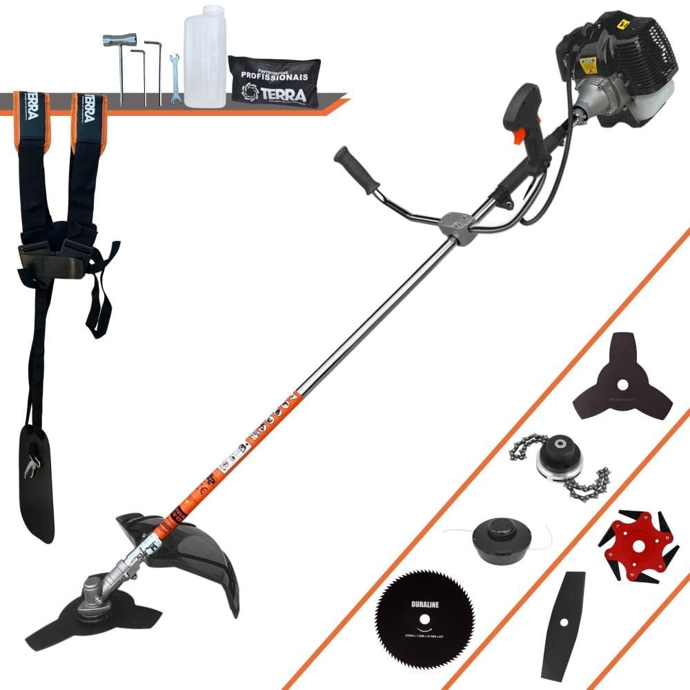Roçadeira Cortador de Grama Terra GRH430 À Gasolina 2 Tempos 43cc 1,7HP 6 Opções de Corte Com Facas 2 Pontas, 3 Pontas, 6 Pontas, 80 Dentes e Trimmer
