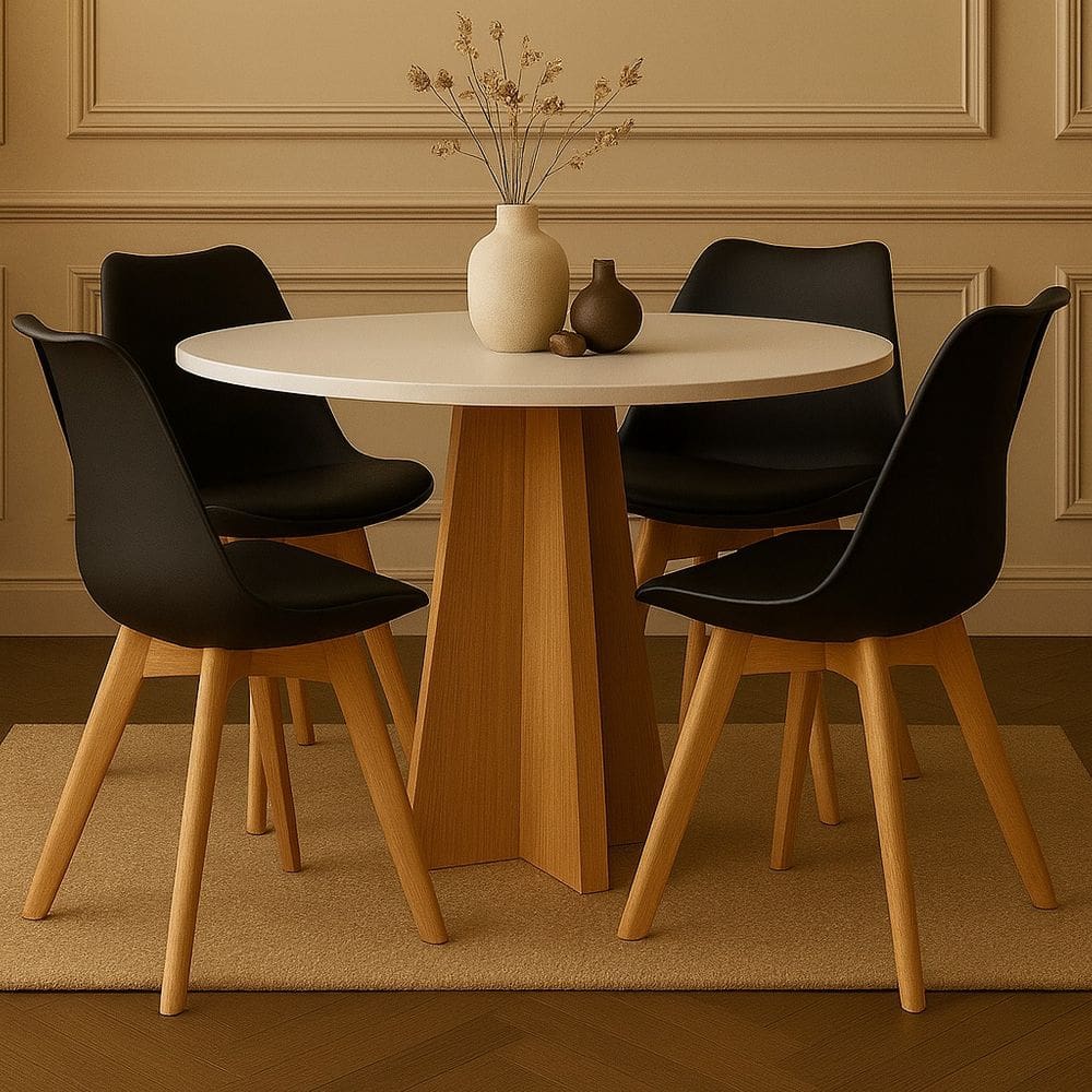 Conjunto Mesa Redonda 90cm com 4 Cadeiras Pretas Pés em Madeira