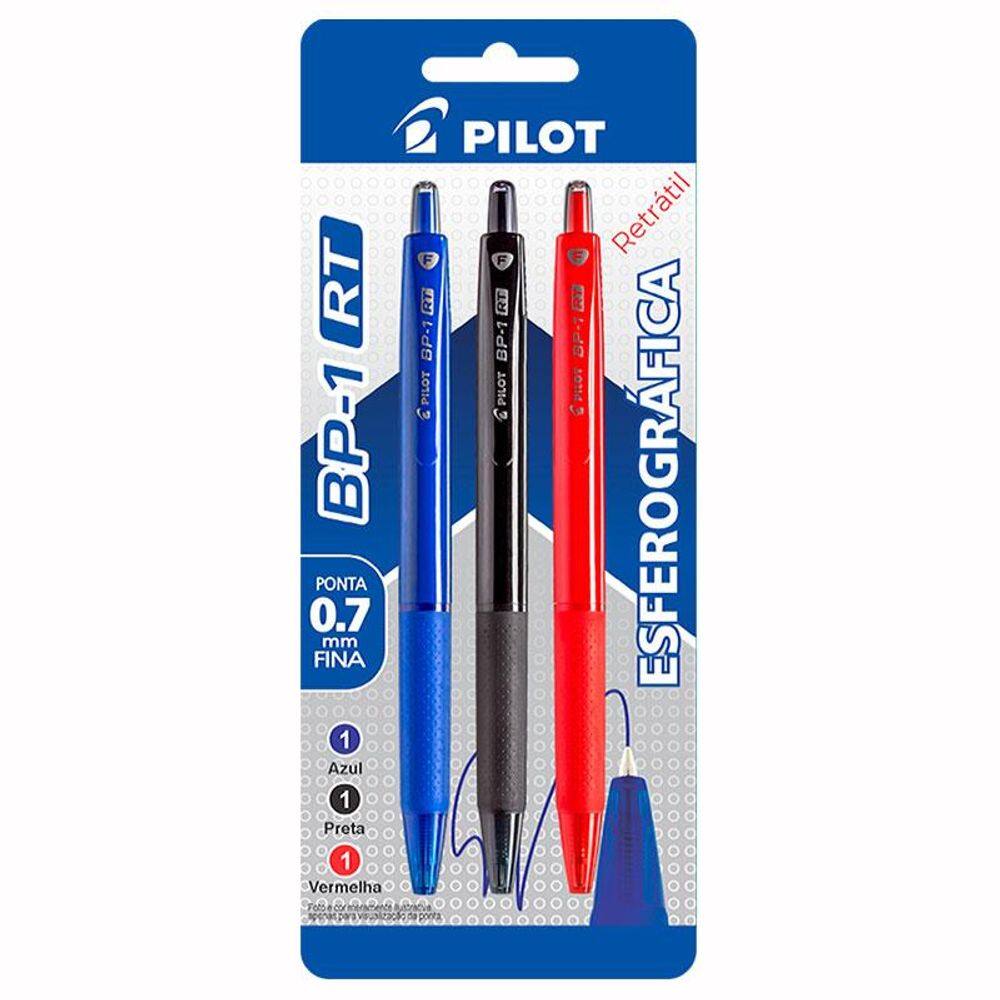 Caneta esferográfica 0.7 retrátil BP-1RT blister com 3 unid AZ/PT/VM - Pilot