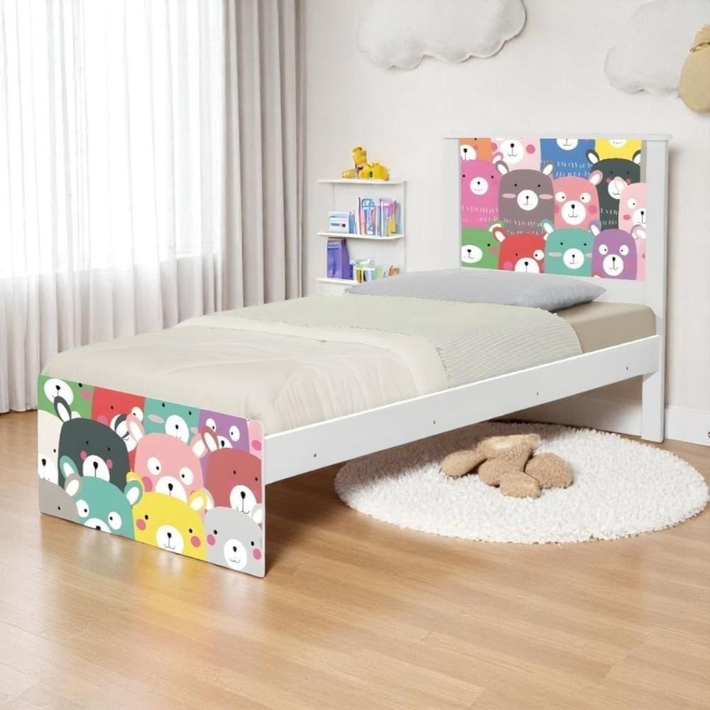 Cama Solteiro Com Cabeceira Adesivada Ursinhos Coloridos