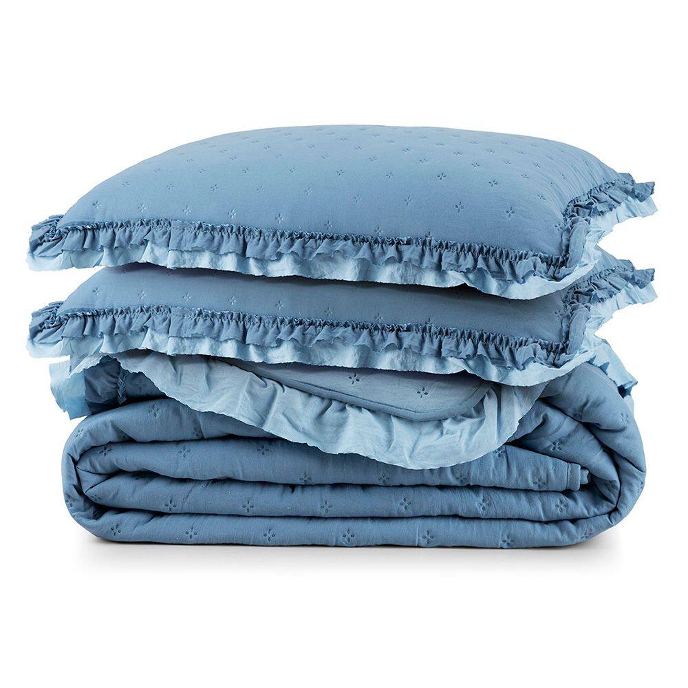 Cobre Leito Casal Micropercal 200 Fios com Babado Malvinni Azul - 3 Peças