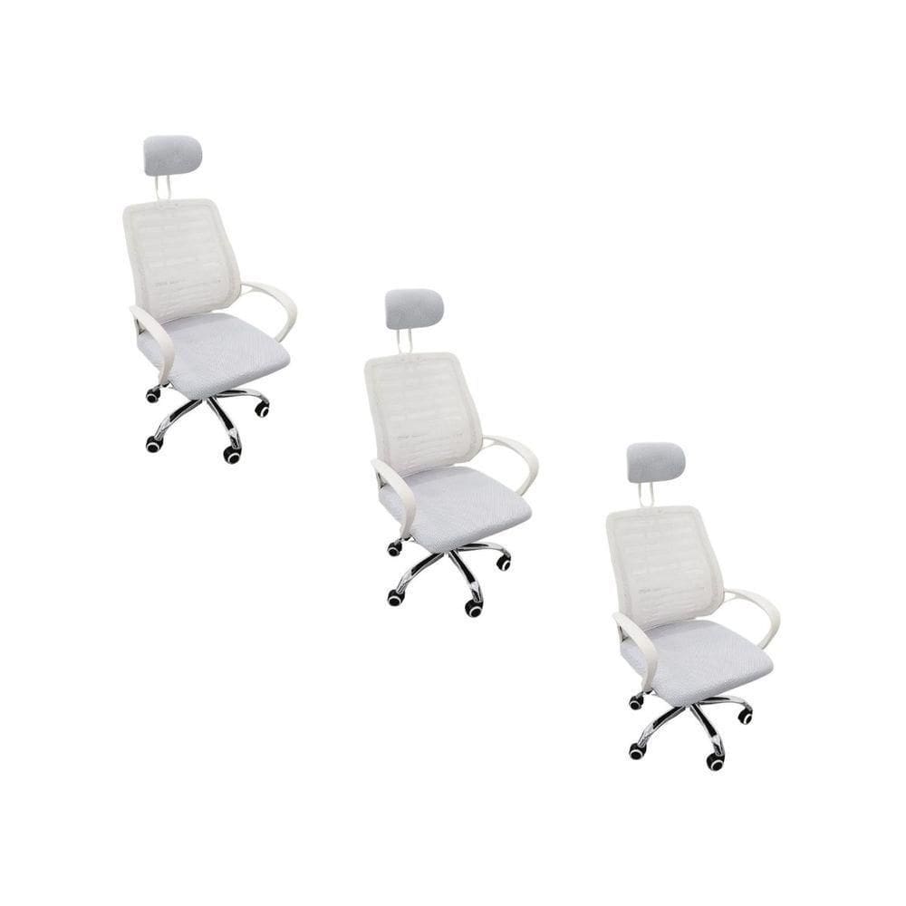 Kit 3 Cadeiras Escritório Diretor Tela Mesh Com Encosto De Cabeça Branco