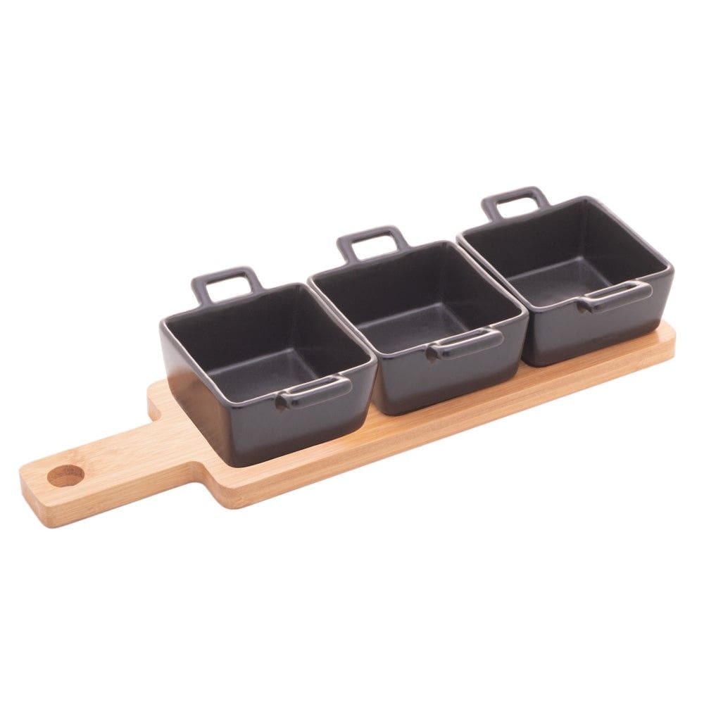 Conjunto 03 Petisqueiras Quadradas de Porcelana Preta com Bandeja de Bambu Wolff