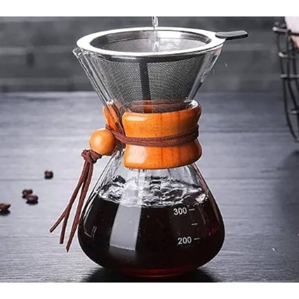 Cafeteira Jarra de Vidro com Coador Inox Detalhes em Madeira