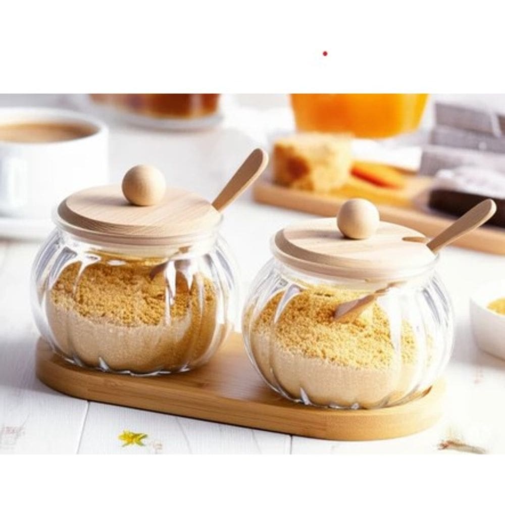 Kit 2 Potes Vidro Saleiro Açucareiro Com Tampa E Base Bambu