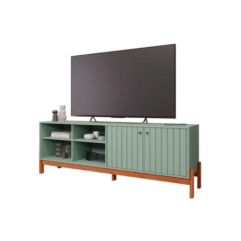 Rack Bancada P/ Tv Até 60 Pol Holanda 1.8 Ripado C/ 2 Porta E 4 Nichos 185cm Salvia/cinamomo - Permóbili