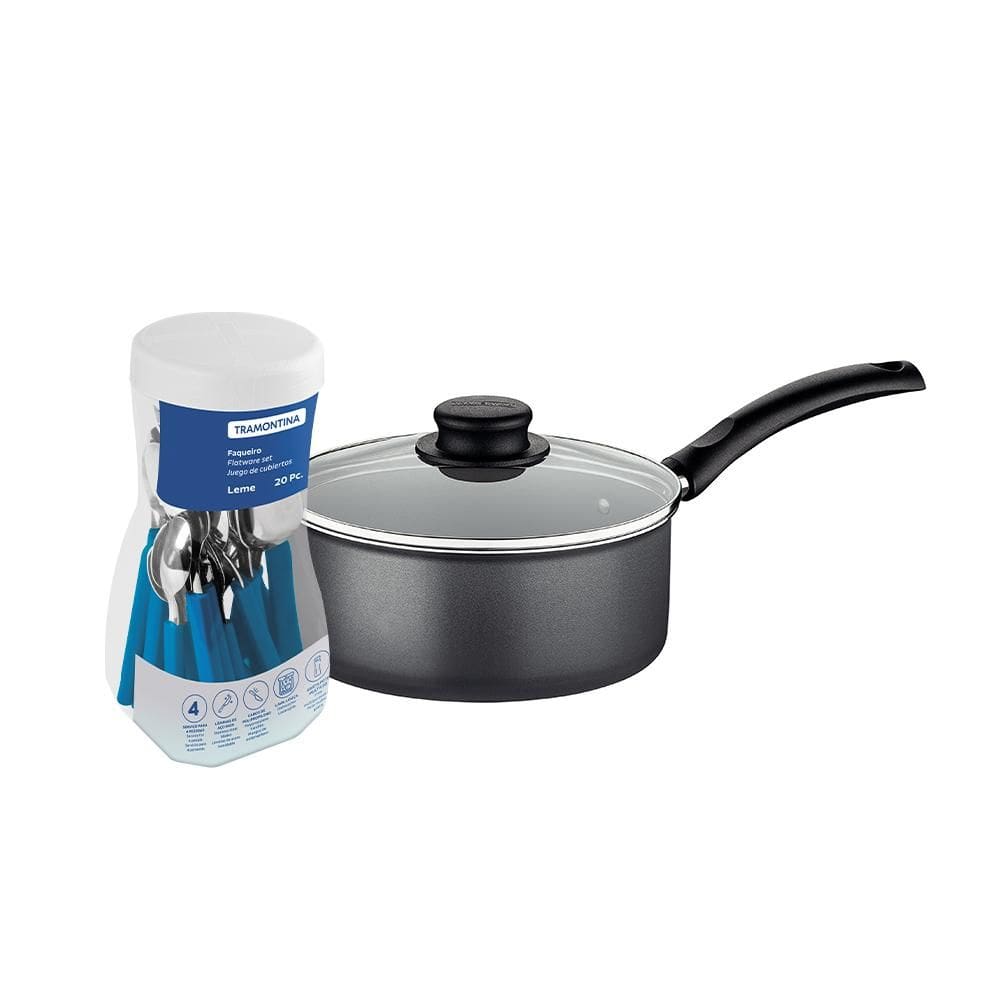 Panela Turim Alumínio grafite Antiaderente 1,4L PTC + Faqueiro Leme 20pc - Tramontina