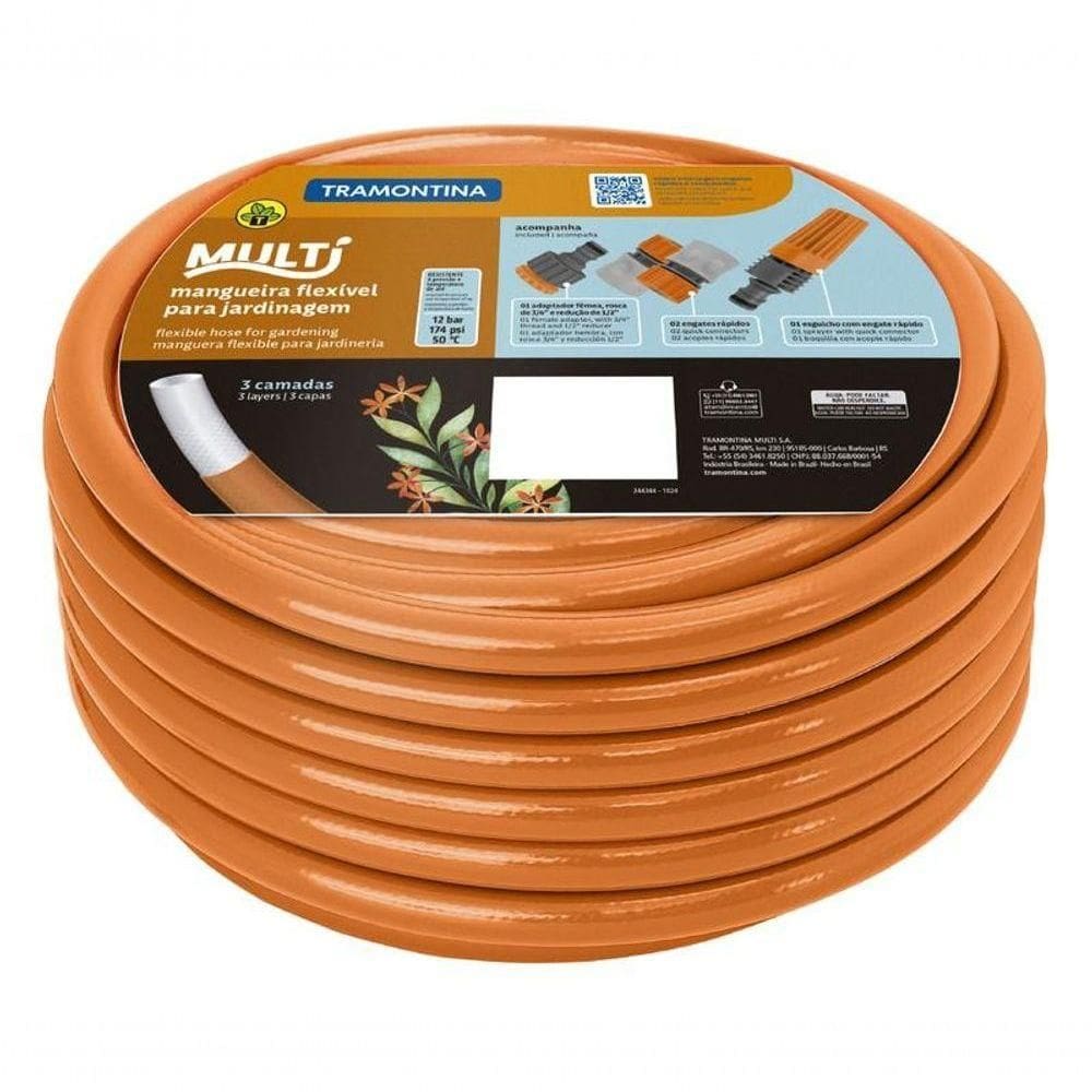 Mangueira Multi 1-2” Tramontina Em Pvc Laranja 3 Camadas 30m Com Engates Rápidos E Esguicho