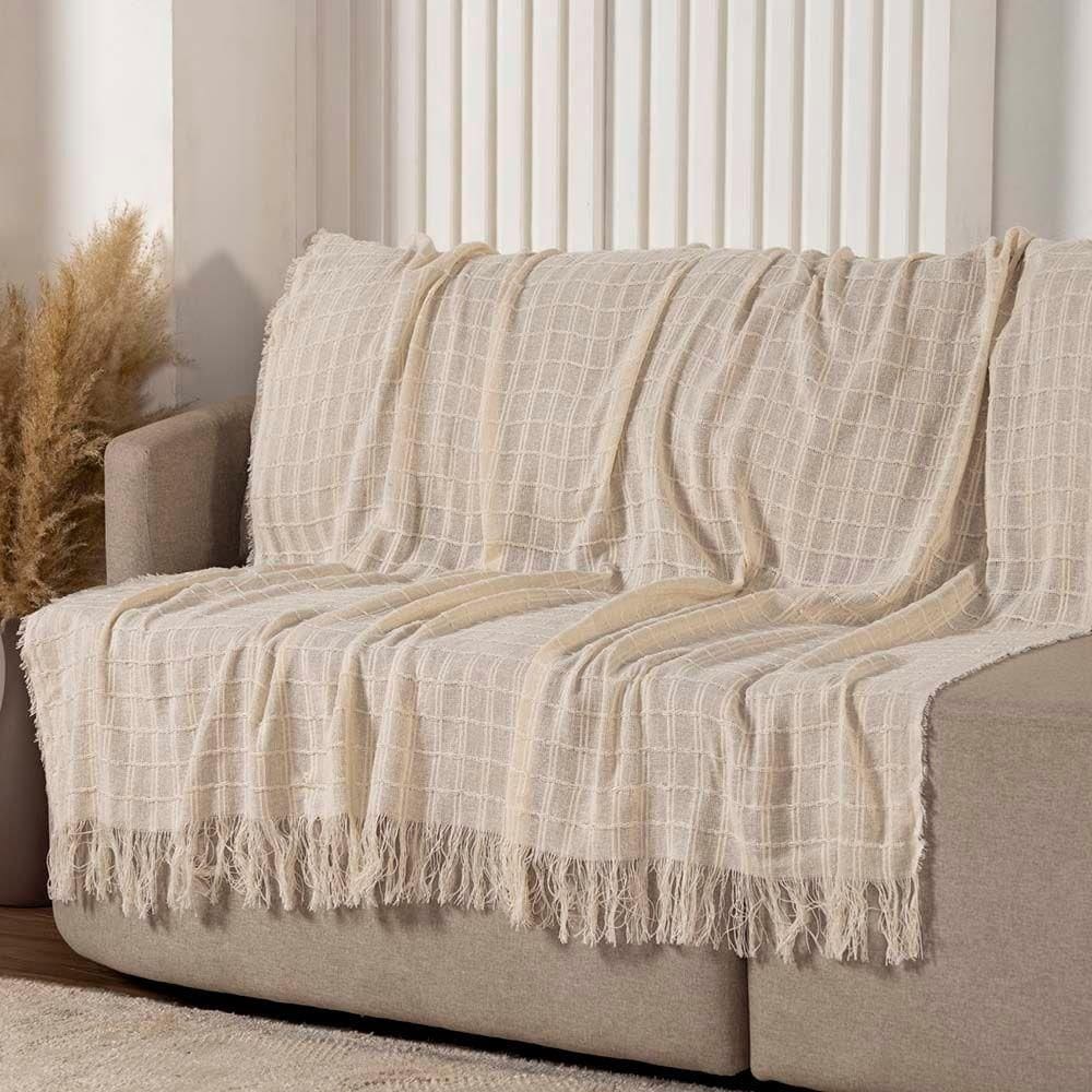 Manta Xale Rubi 2,40m X 1,70m Com Franja Para Sofá Cama 100% Algodão 01 Peça - Marfim