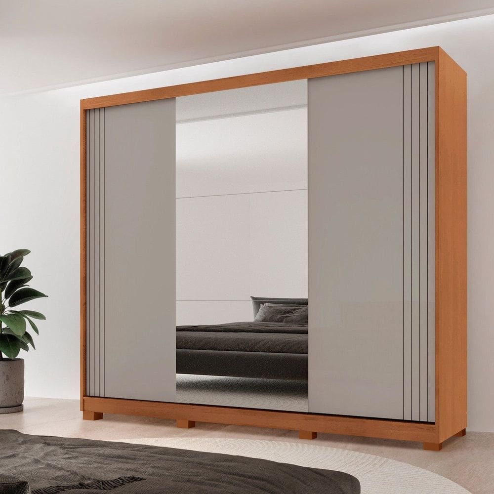 Guarda-roupa Casal 100% Mdf 3 Portas de Correr 4 Gavetas 6 Prateleiras com Pés e Espelho Chile NATURALLE / OFF WHITE