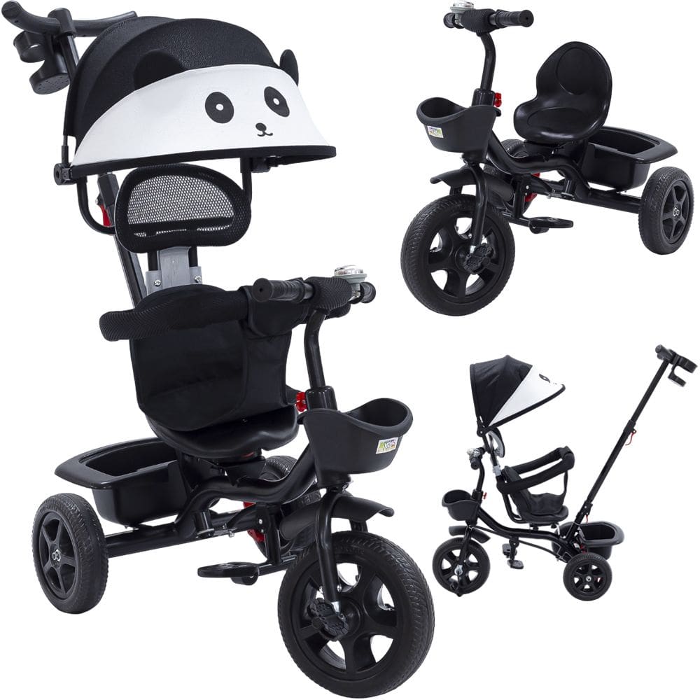 Triciclo Infantil Empurrador 2 em 1 Carrinho de Passeio Bebê Capota 50kg Guia Auxiliar Cesto Rodas Preto