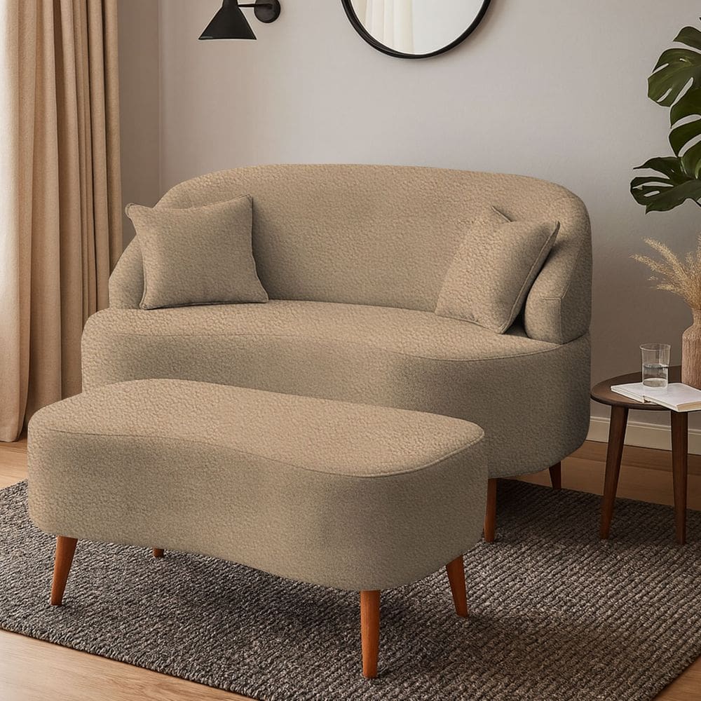 Conjunto Sofá Curvo Orgânico Malu + 01 Puff Boucle Capuccino