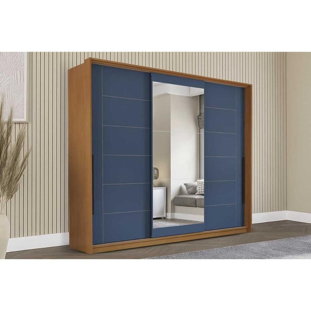 Guarda Roupa Casal 3 Portas De Correr (1 C/ Espelho) E 4 Gavetas Lisboa Freijo/azul - Politorno