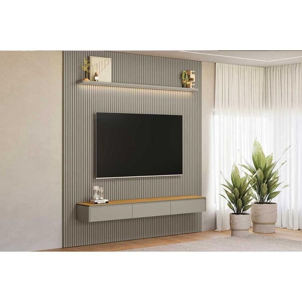 Home P/ Tv Até 90 Pol Modular 2.6 Ripado C/ 2 Portas 1 Prat. 258x250cm Tauari/gris Fosco - Linea Brasil