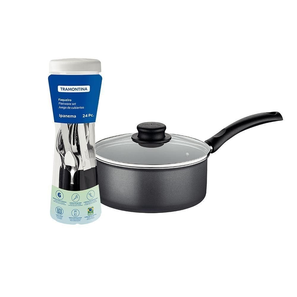 Panela Turim Alumínio Chumbo Antiaderente 1,4l Ptc + Faqueiro Ipanema Preto 24pc - Tramontina