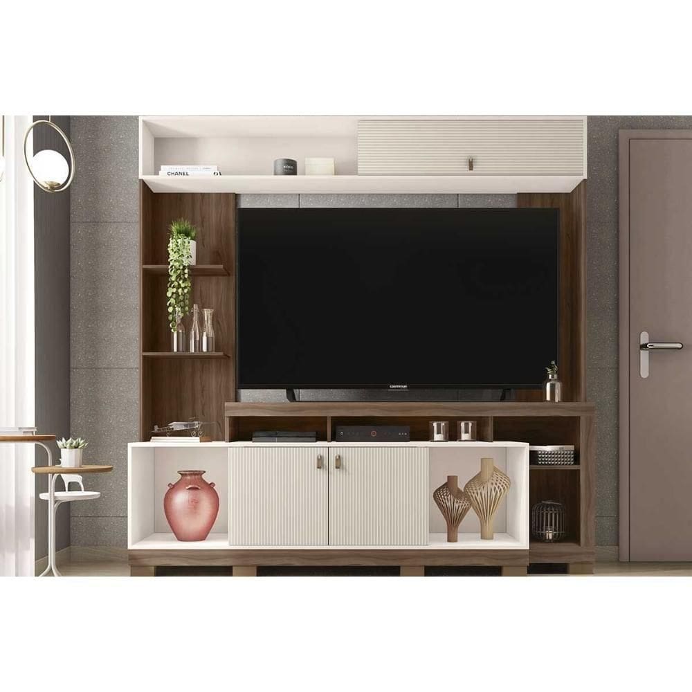 Home P/ Tv Até 65 Pol Sinfonia C/ 3 Portas E 7 Nichos 200x203cm Nogueira/off White Mr - Caemmun