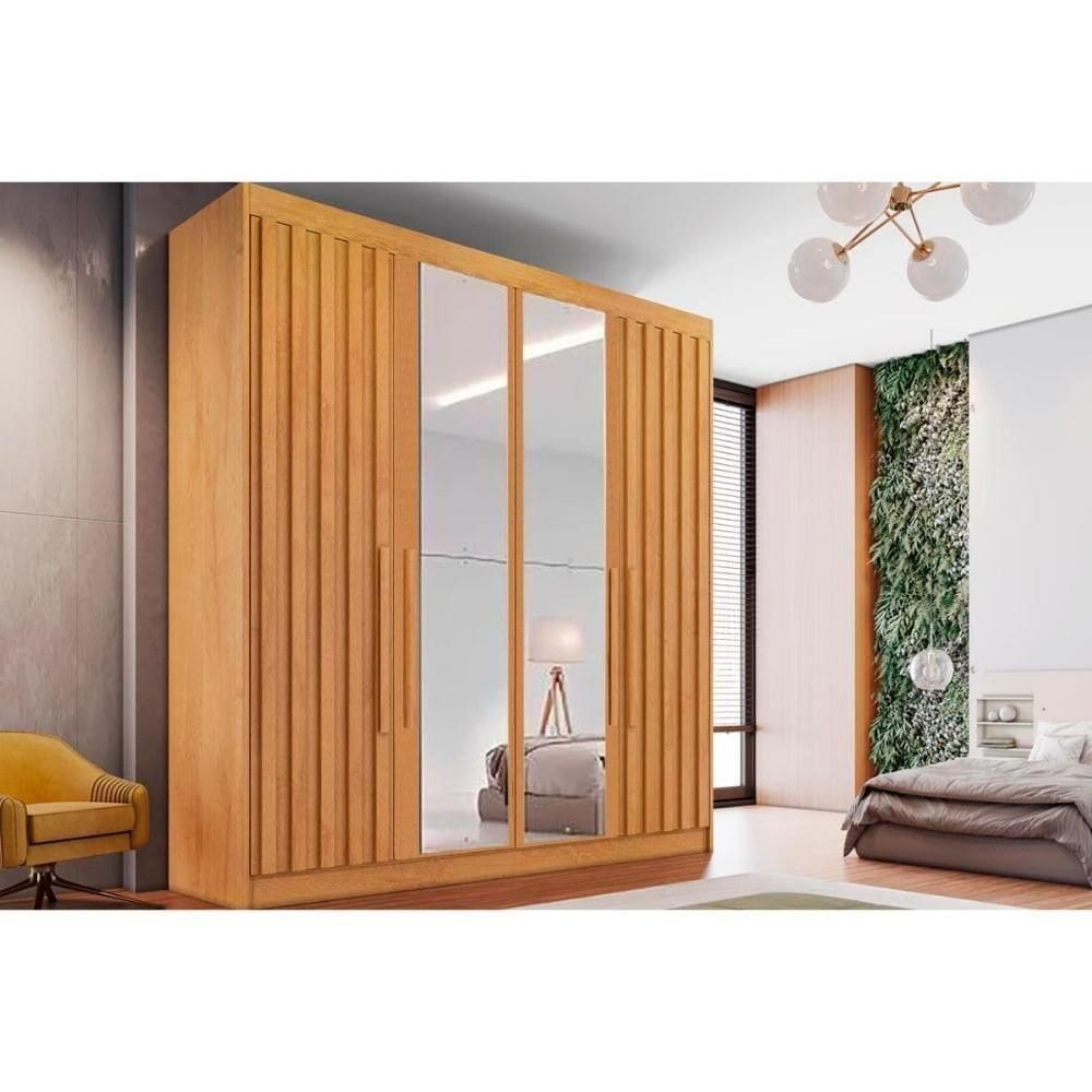 Guarda Roupa 4 Portas Ripadas (2 C/ Espelho) E 3 Gavetas Potente Peroba - Europa