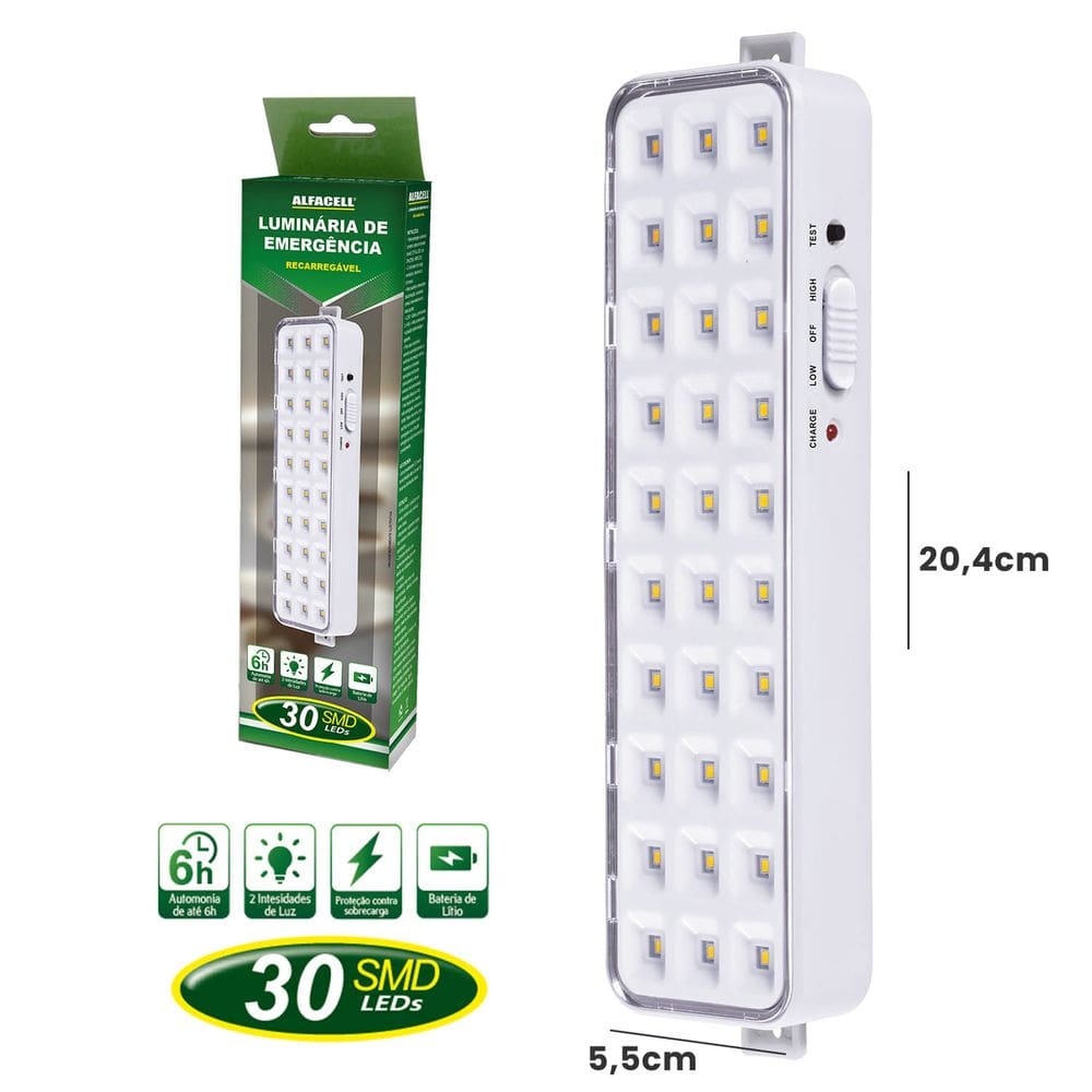 Luminária De Emergência Alfacell Recarregável 30 Leds Branco