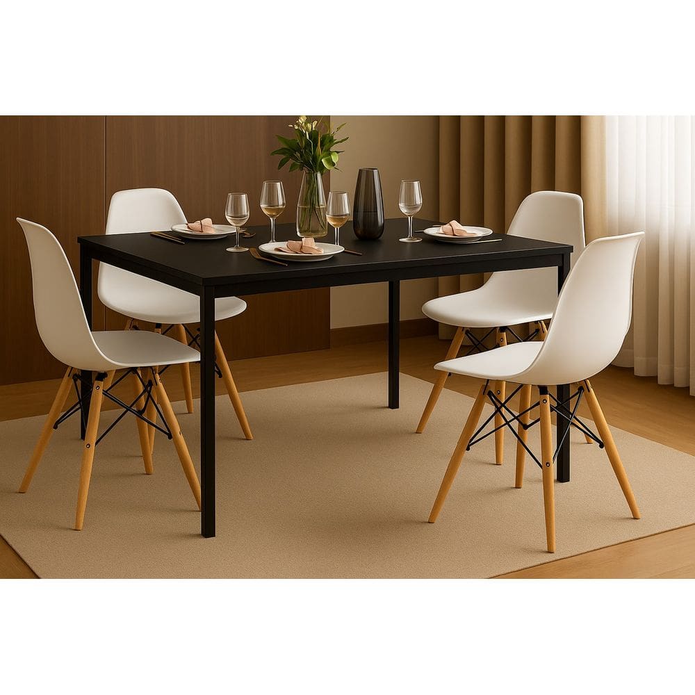 Conjunto Mesa de Jantar 120x80cm com 4 Cadeiras Eames Brancas – Tampo Preto, Design Moderno e Sofisticado