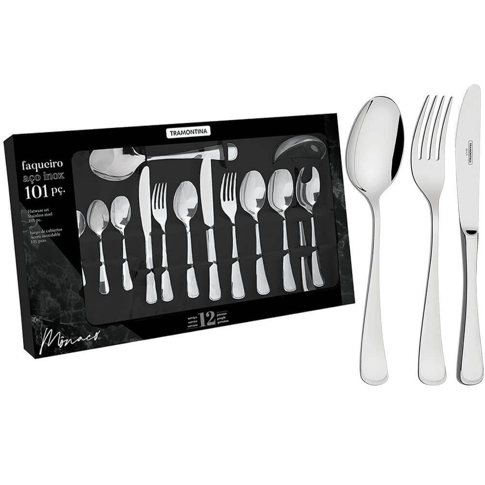 Faqueiro Tramontina Mônaco Aço Inox com Facas de Mesa Alto Brilho Detalhe no Cabo 101 Peças 66917030