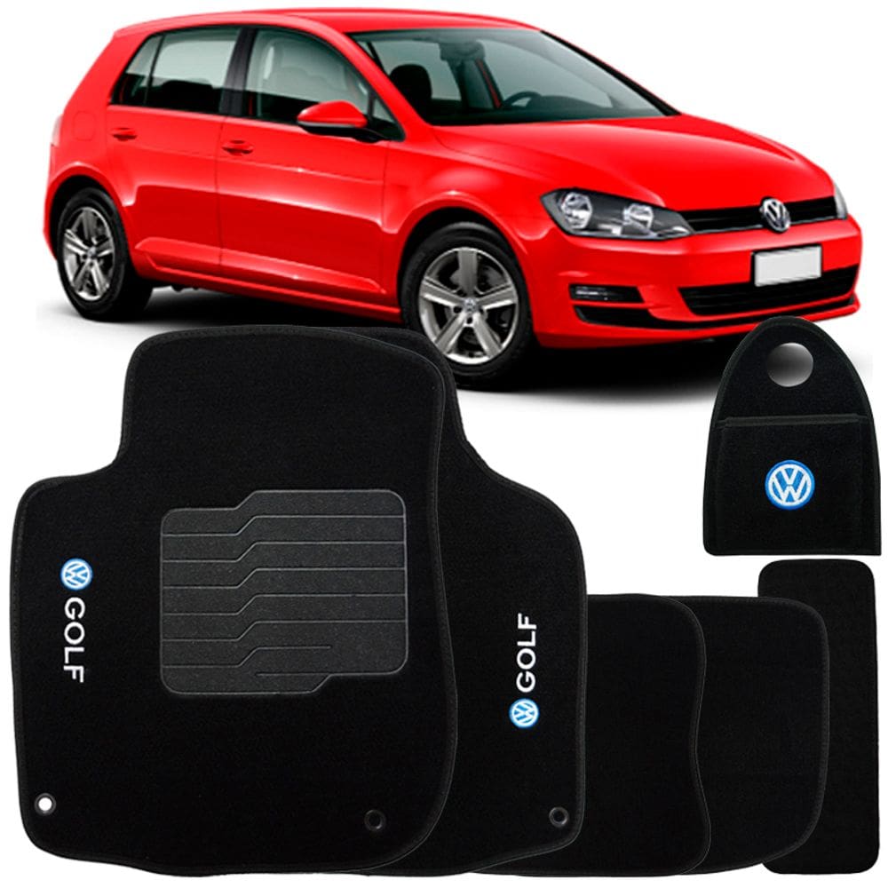 Jogo Tapete Automotivo Carpete + Lixeira Golf 2014 à 2018 Soft Logo Bordado Preto 6 Peças