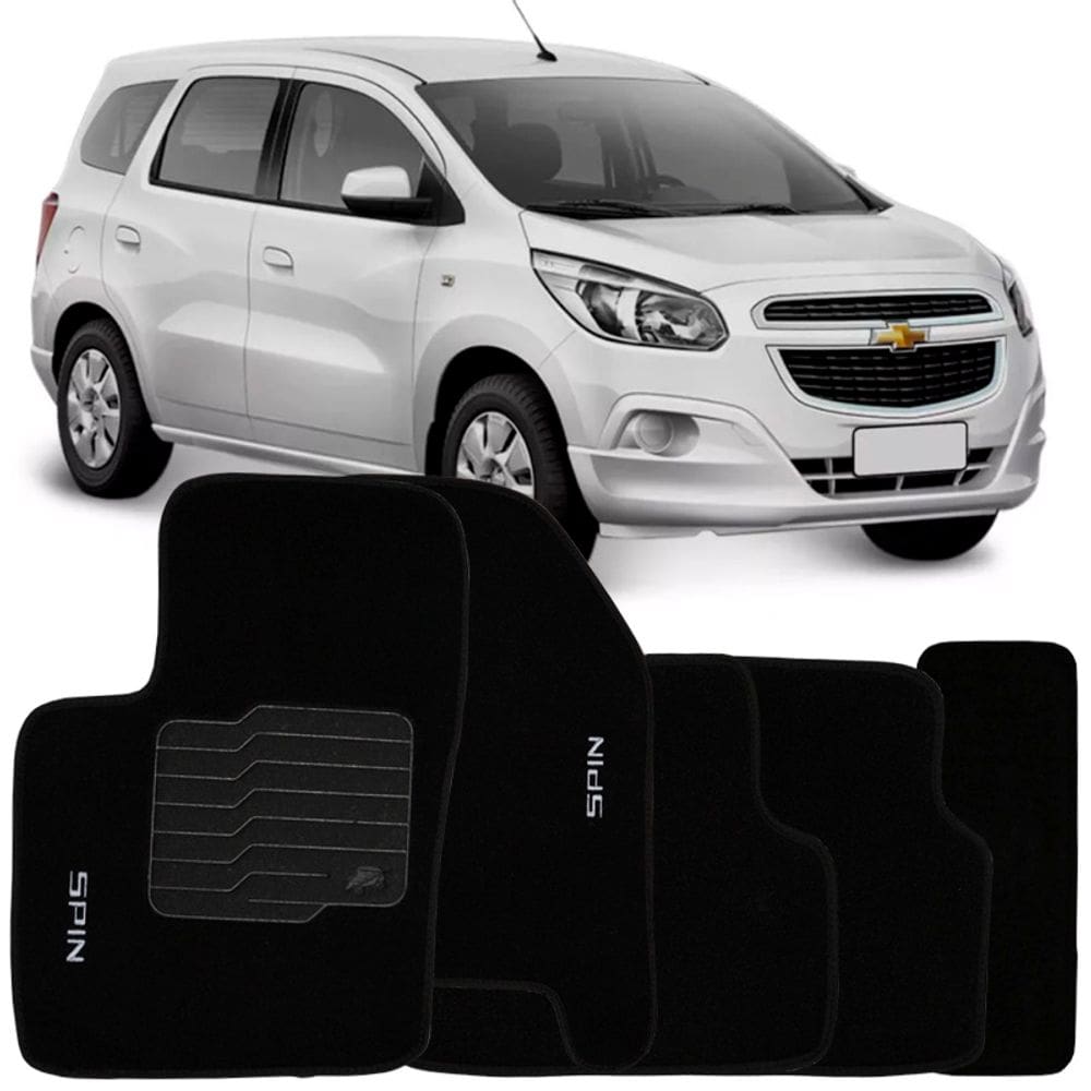 Jogo de Tapete Automotivo Carpete Chevrolet Spin 2012 à 2018 Soft Logo Bordado Preto 5 Peças